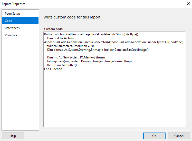 Report Properties, Code