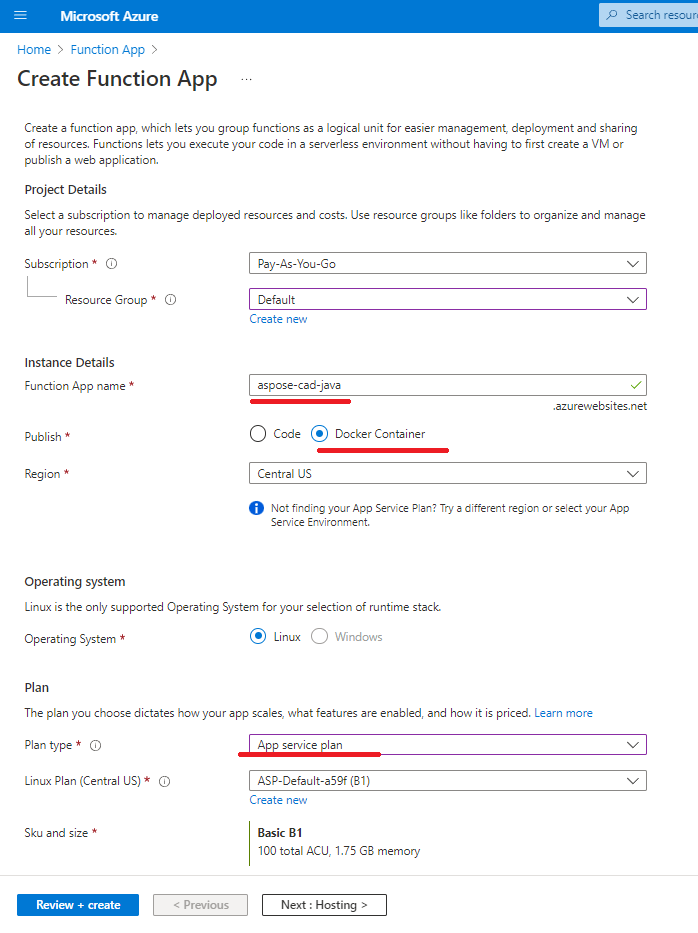 Azure create function settings