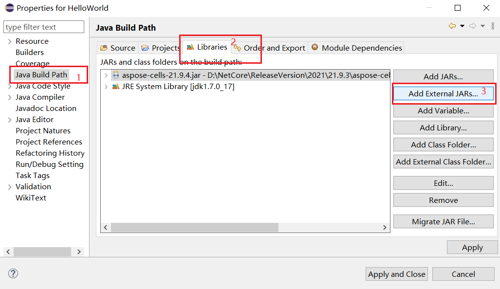 Eclipse-Installation Aspose Cells for Java