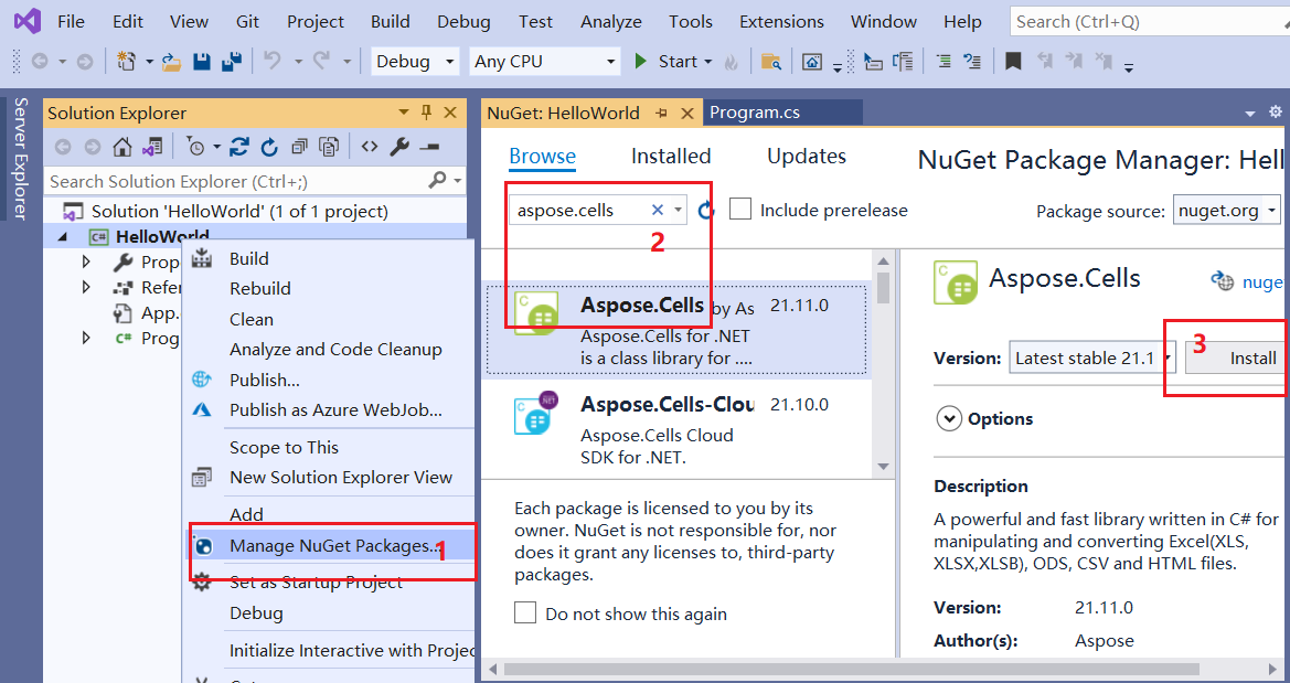 Установить с Aspose от Cells до NuGet