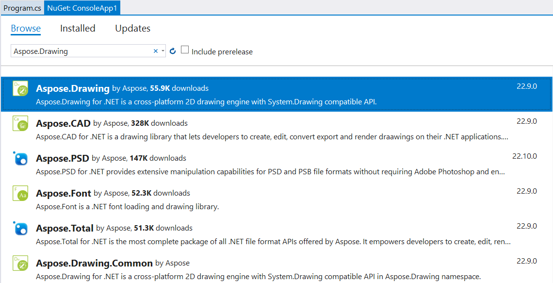 Installing Aspose.Drawing for .NET through NuGet