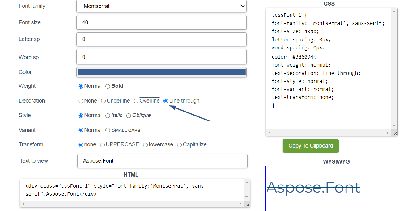 Стиль зачеркивания, примененный к тексту с помощью CSS-генератора Aspose.Font