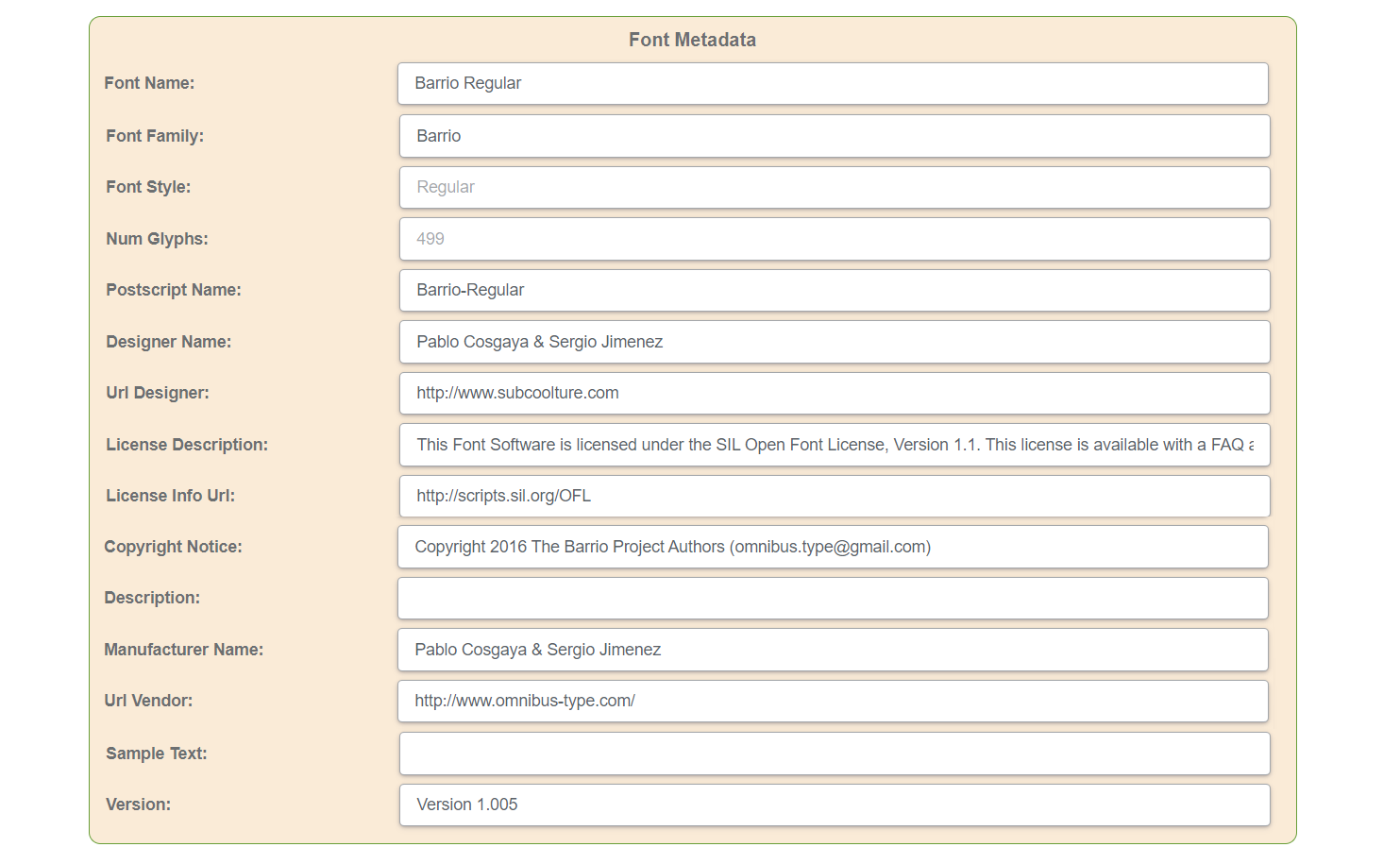 Result of rendering font metadata by Aspose Metadata Viewer