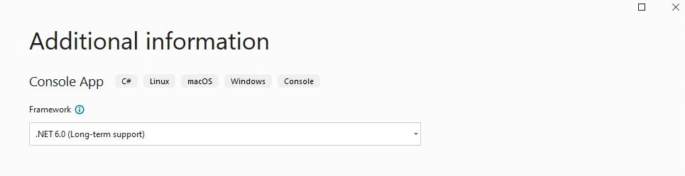 Text “Сhoose the .NET 6.0 (Long-term support) from the Framework menu”