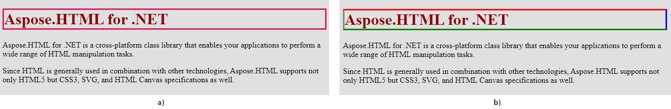 Texto “Se renderizaron los archivos change-border-color.html y change-four-border-color.html con el color del borde cambiado para h1”