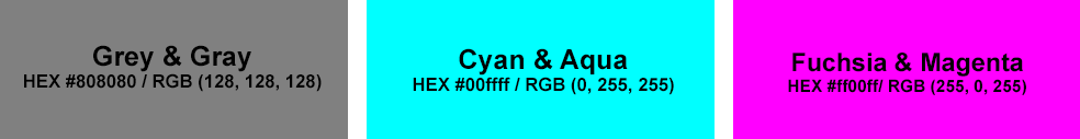 Texto “Colores Grey y Gray, Cyan y Aqua, Fuchsia y Magenta con códigos HEX y RGB”