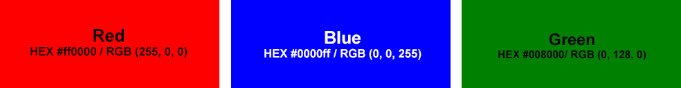 Texto “Colores rojo, azul y verde con códigos HEX y RGB”