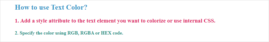 Texto “La imagen representa el código html para configurar el color del texto usando códigos de color HEX o RGB”