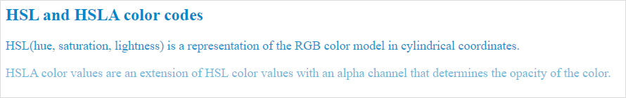Текст “Изображение отображает HTML-код для установки цвета текста с использованием цветовых кодов HSL и HSLA”