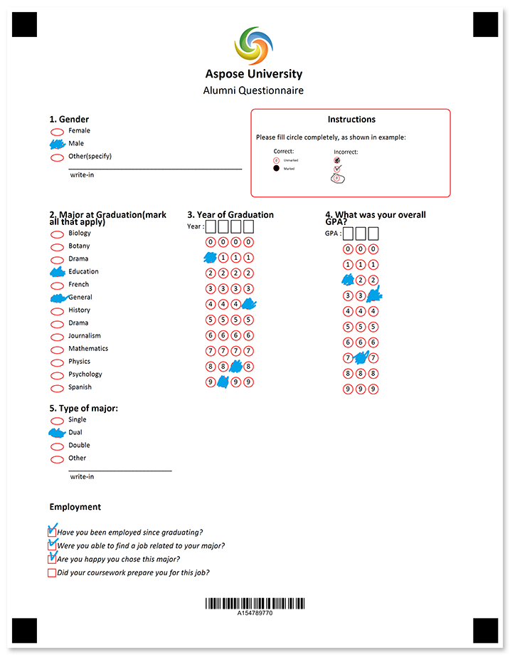 Alumni questionnaire with free-form answers filled