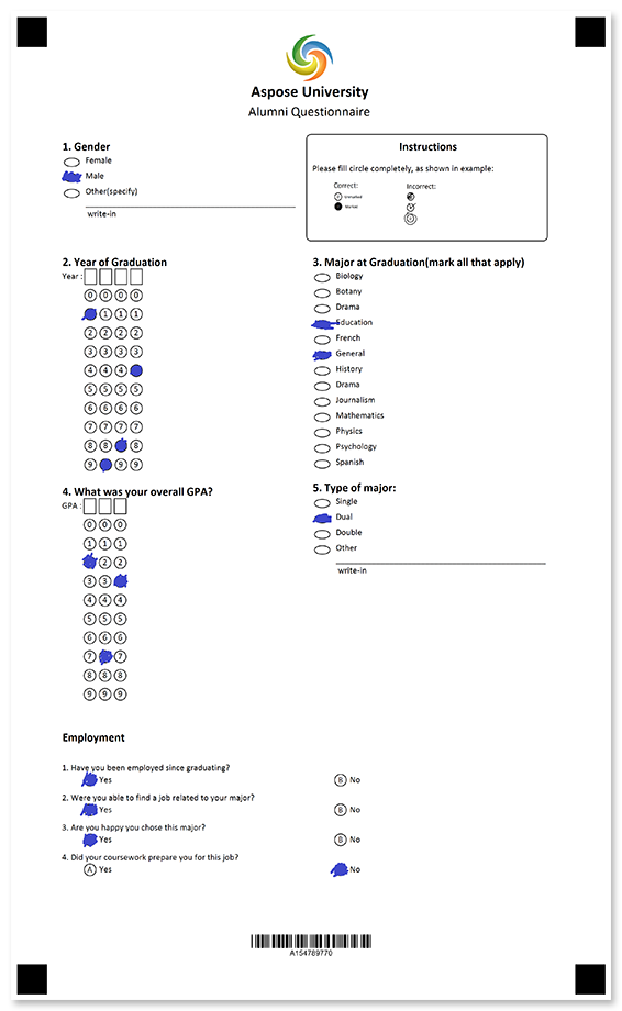 Classic alumni questionnaire with free-form answers filled