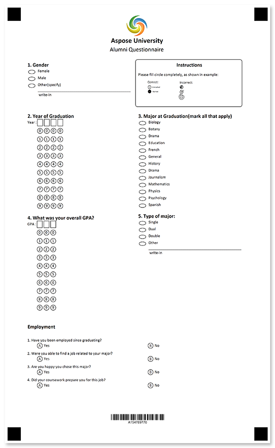 Classic alumni questionnaire with free-form answers template