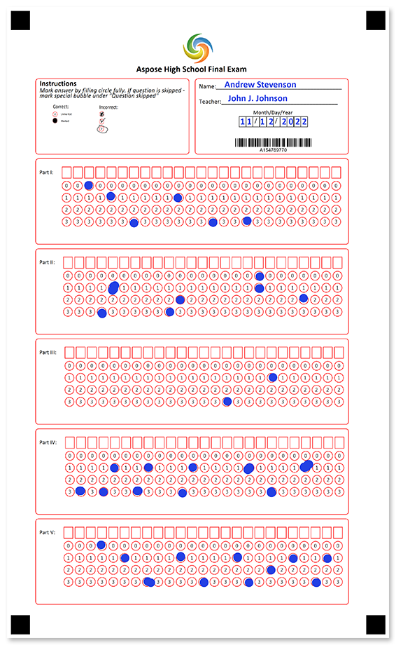 Multi-part answer sheet with fill-in line filled