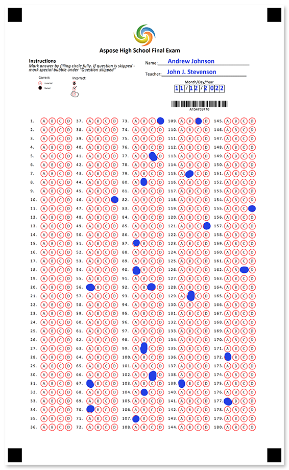 Plain 5-column answer sheet filled