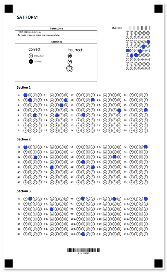 Black and white SAT Exam form filled