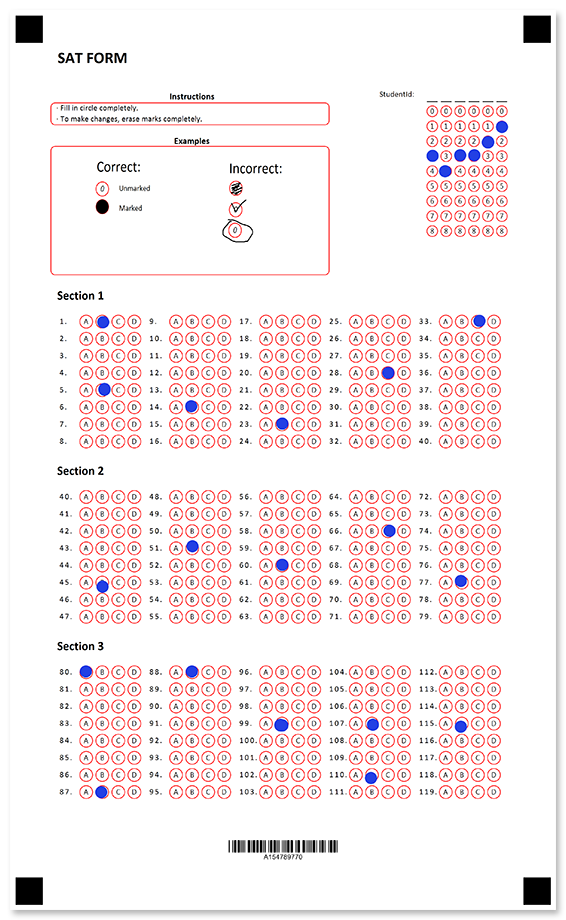 Colorful SAT Exam form filled