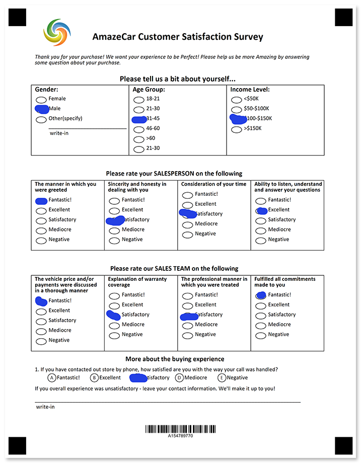 OMR ready customer satisfaction survey with grouped layout filled