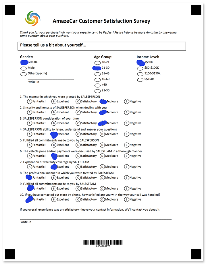 OMR ready customer satisfaction survey filled