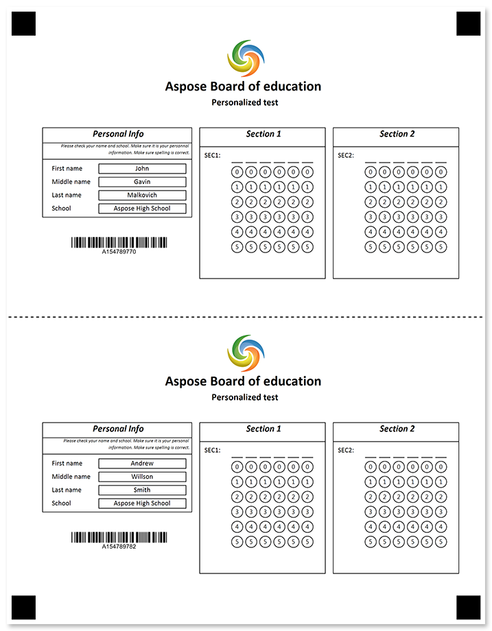 Black and white OMR form with a horizontal tear line template