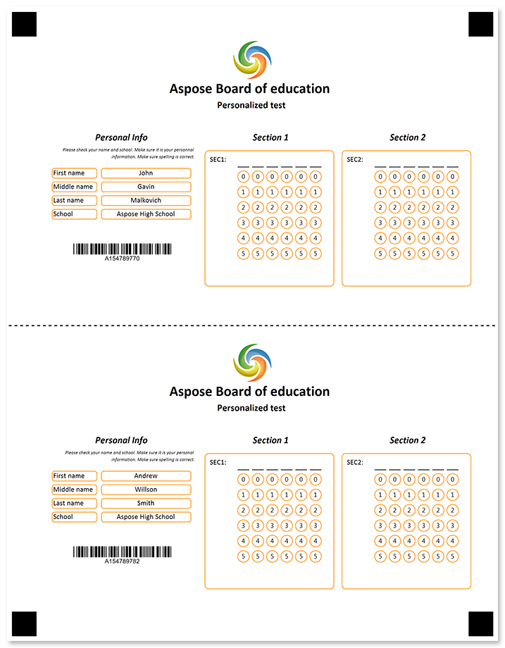 Yellow OMR form with a horizontal tear line template