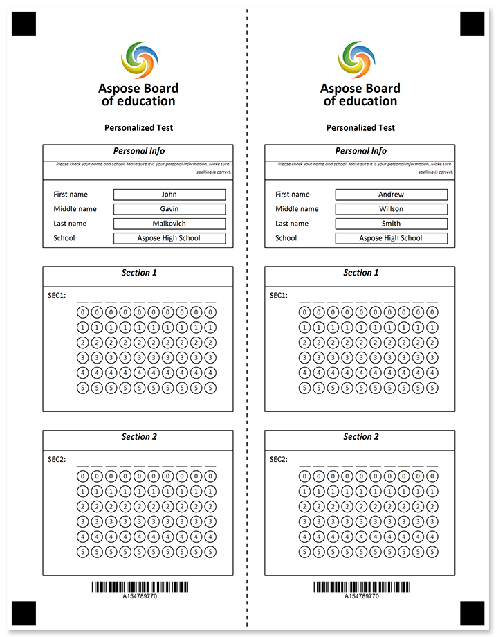 Black and white OMR form with a vertical tear line template