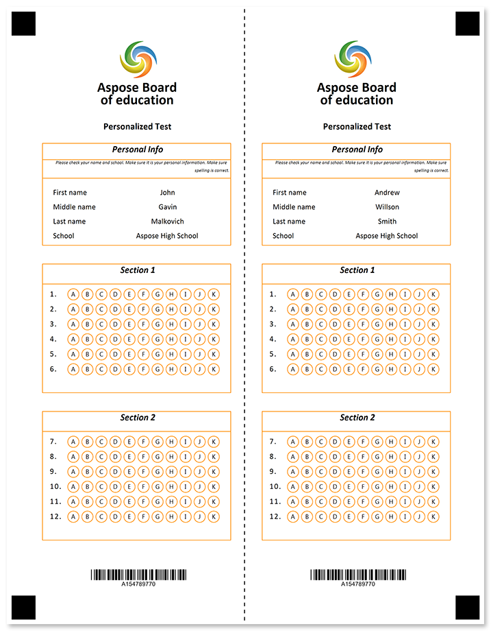 Yellow OMR form with a vertical tear line template