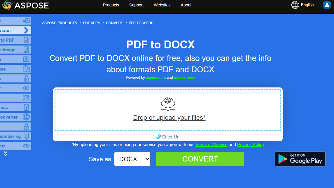 Aspose.PDF Conversión PDF a DOCX App Gratuita