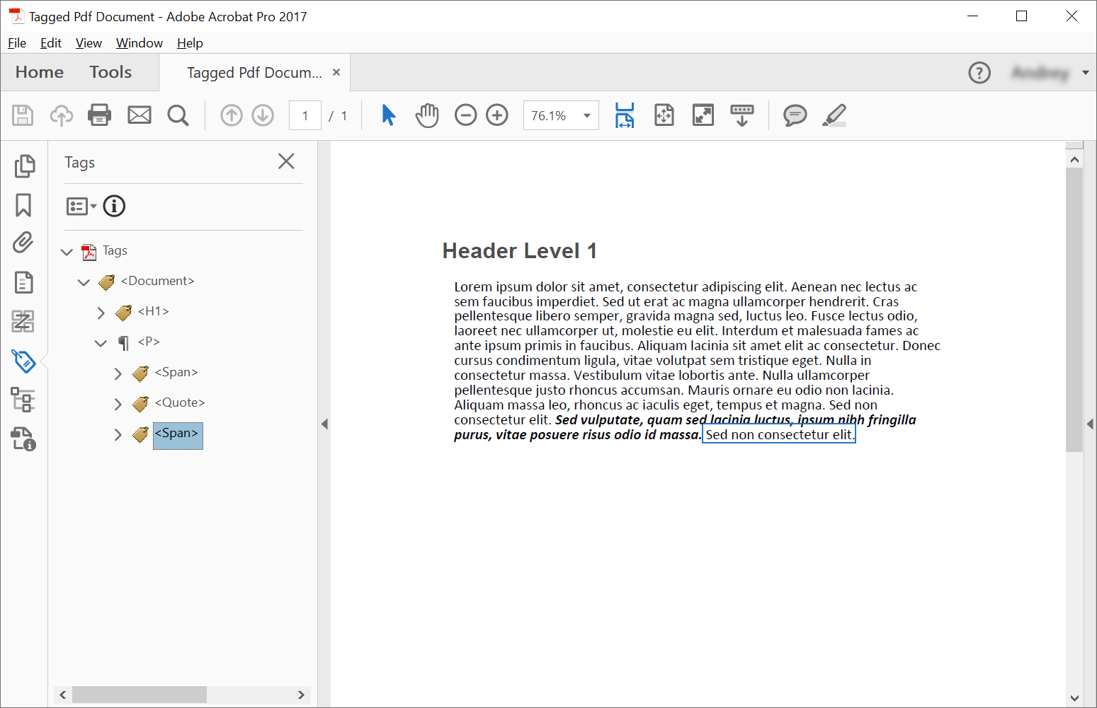 Tagged PDF document with nested elements - span and quotes