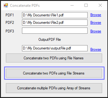 Concatenar dos PDFs usando flujos de archivos