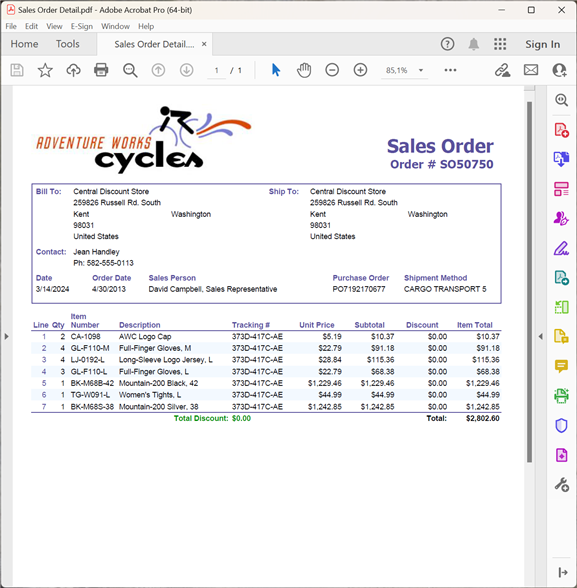 Rapport de détail de la commande de vente en PDF