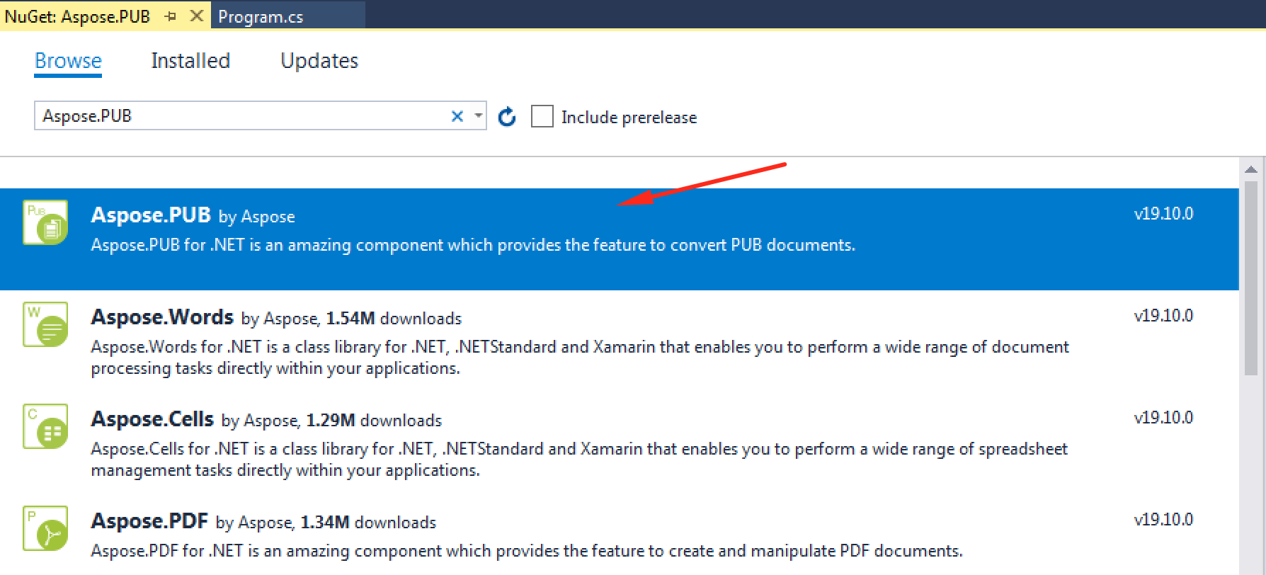 Visual Studio NuGet manager searching for Aspose API