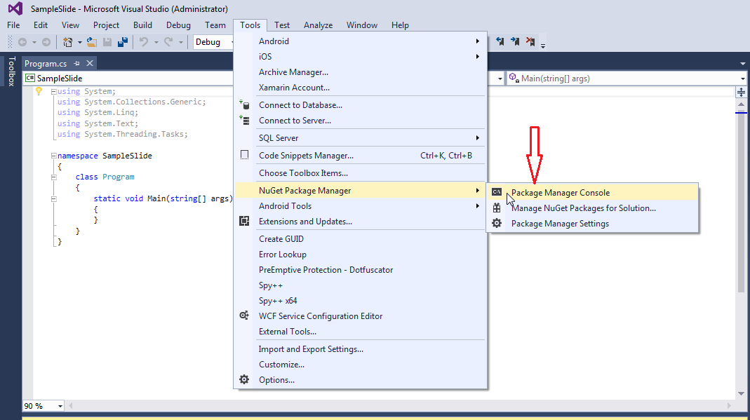 Opening the package manager console