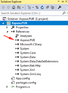 Aspose.PUB in the references section of the solution explorer