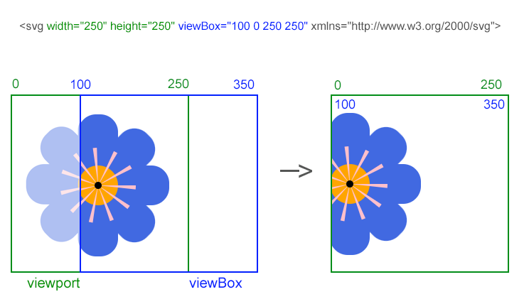 Text “Darstellung, wie man die viewBox verwendet, um das Blumenbild links zuzuschneiden”