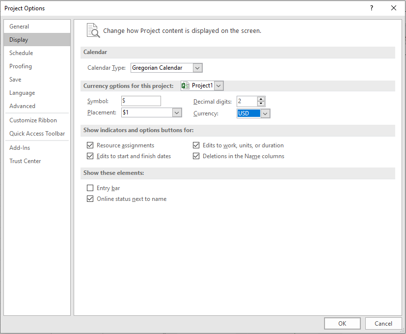 edit currency properties in Microsoft Project 2016