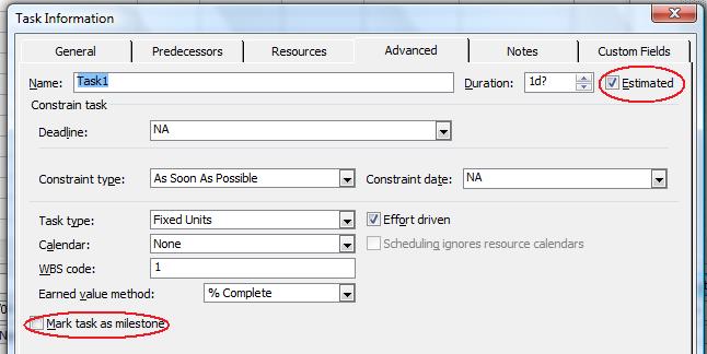 marking an estimated task as a milestone in Microsoft Project