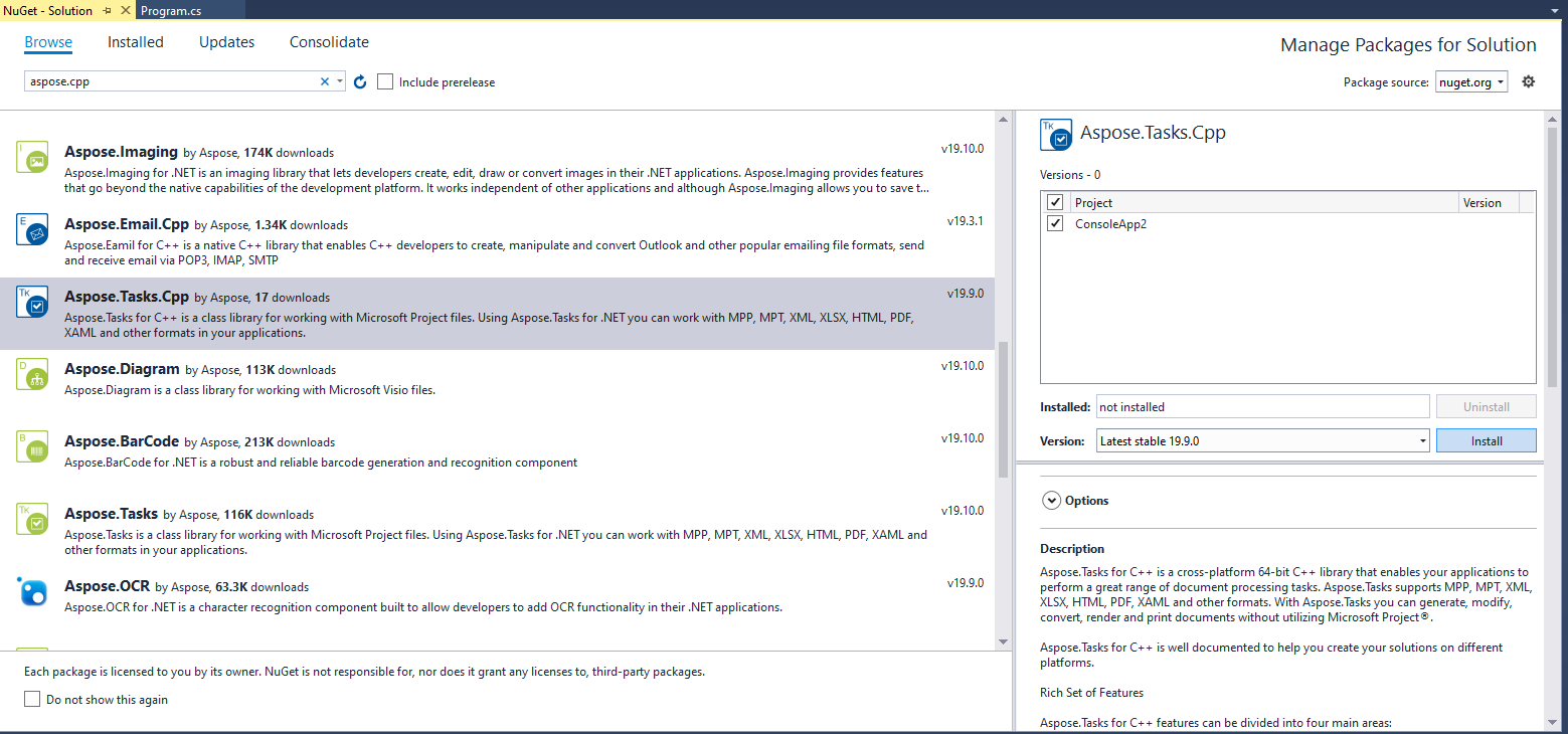 installing Aspose.Tasks for C++ through NuGet step one