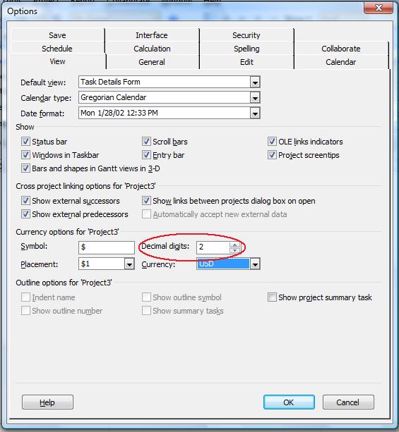 view currency digits in Microsoft Project 2010