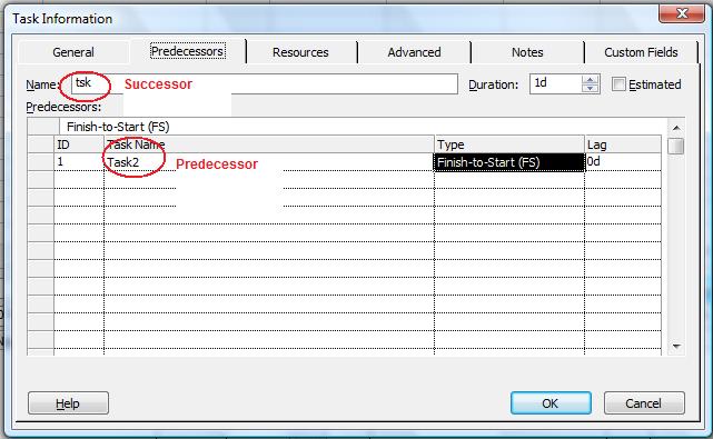 checking predecessor/successors tasks in Microsoft Project 2019