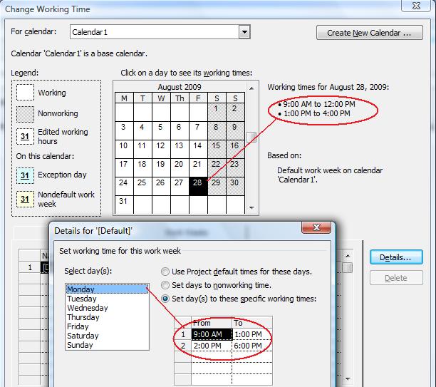 adding week days in Microsoft Project calendars