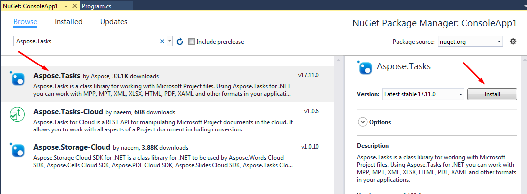 Aspose.Tasks for .NET NuGet installation step one