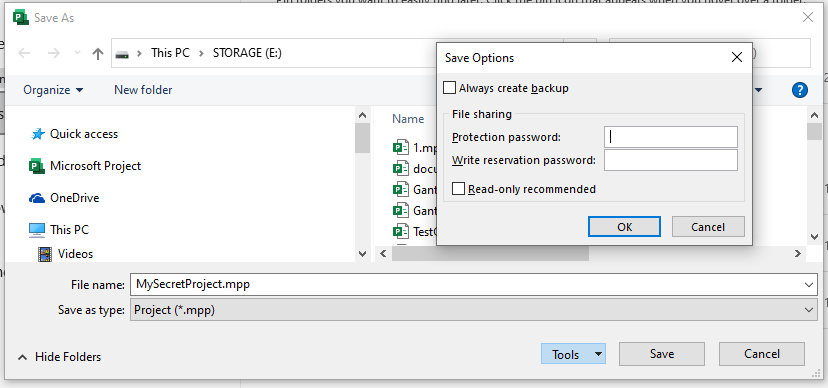 Save options in Save dialog in Microsoft Project