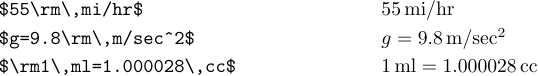 The examples of proper spacing within formulas with physical units